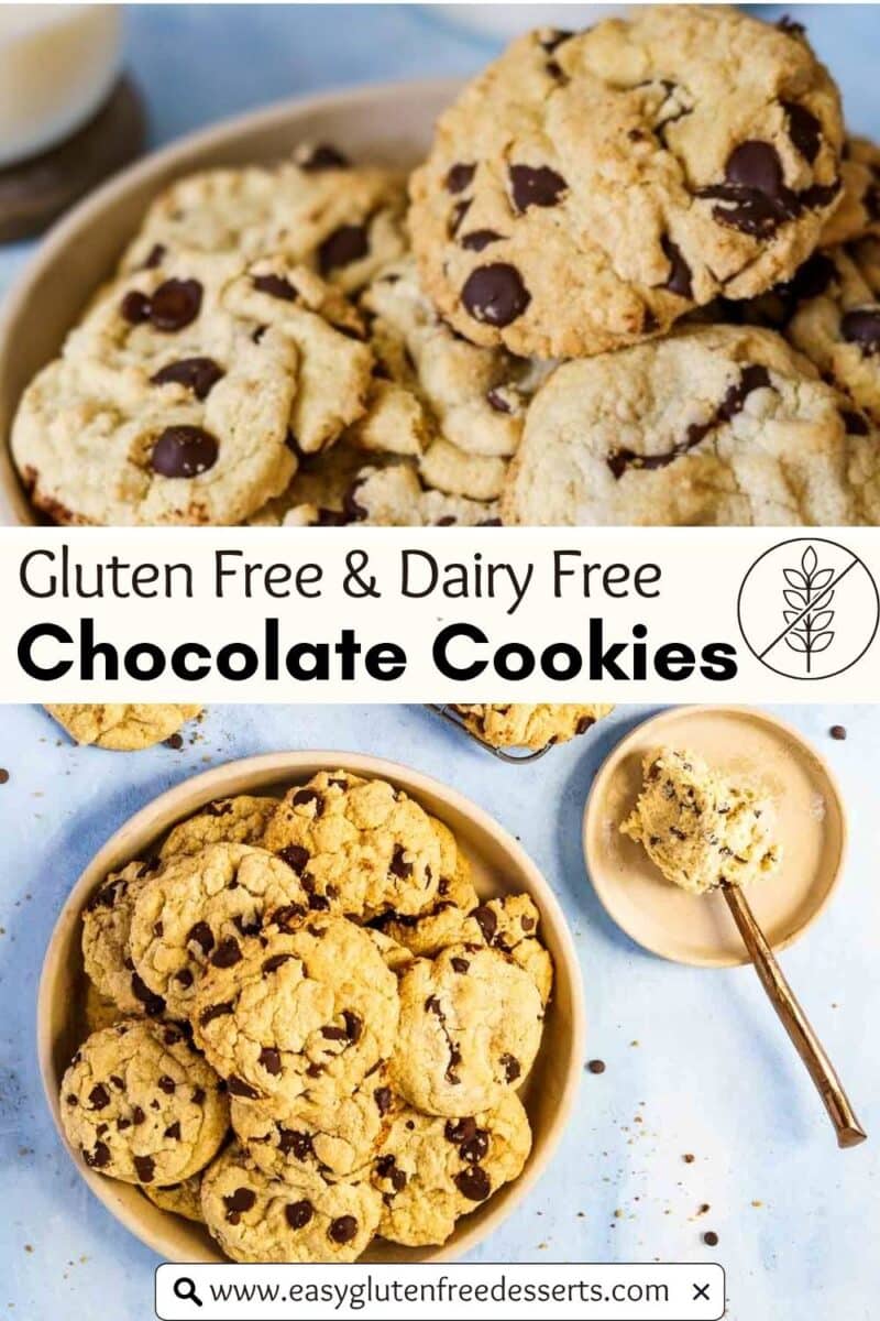 A bowl and plate filled with gluten free dairy free chocolate chip cookies, alongside a small bowl of cookie dough and a spoon, are arranged on a light blue surface.