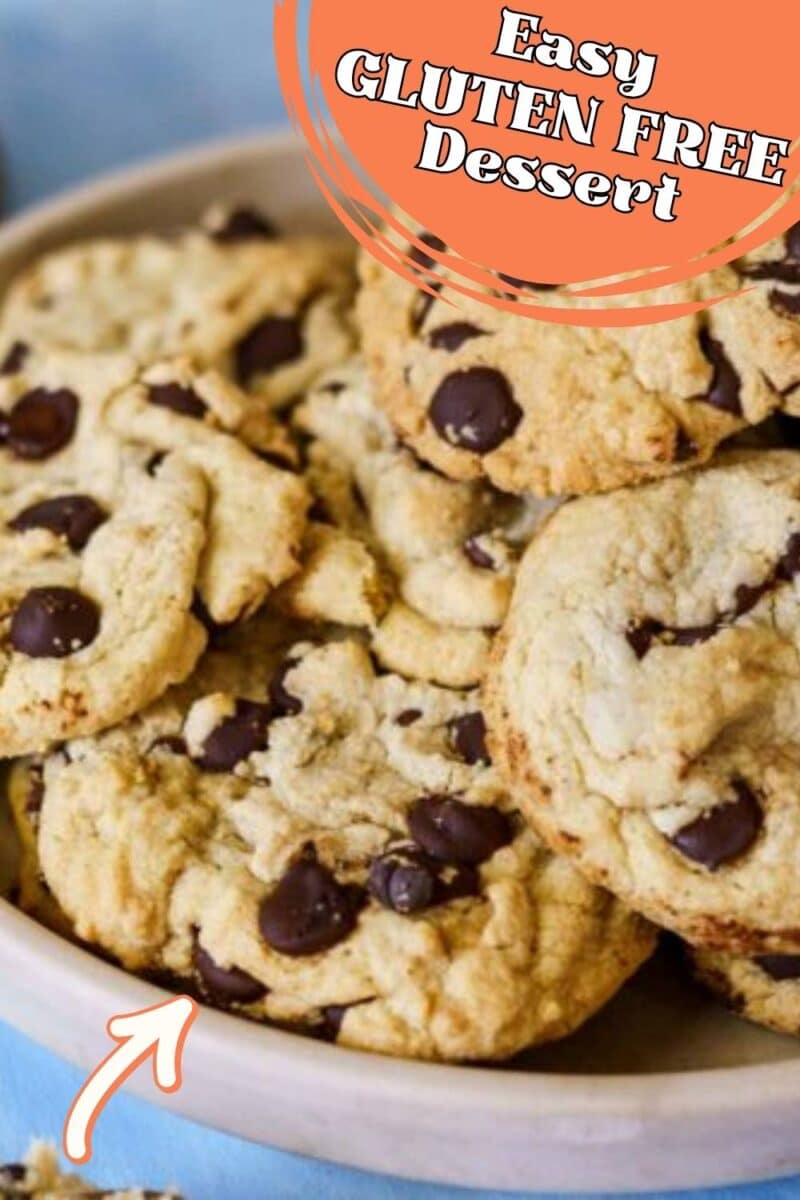 A plate of gluten free dairy free chocolate chip cookies labeled as an easy gluten-free dessert.