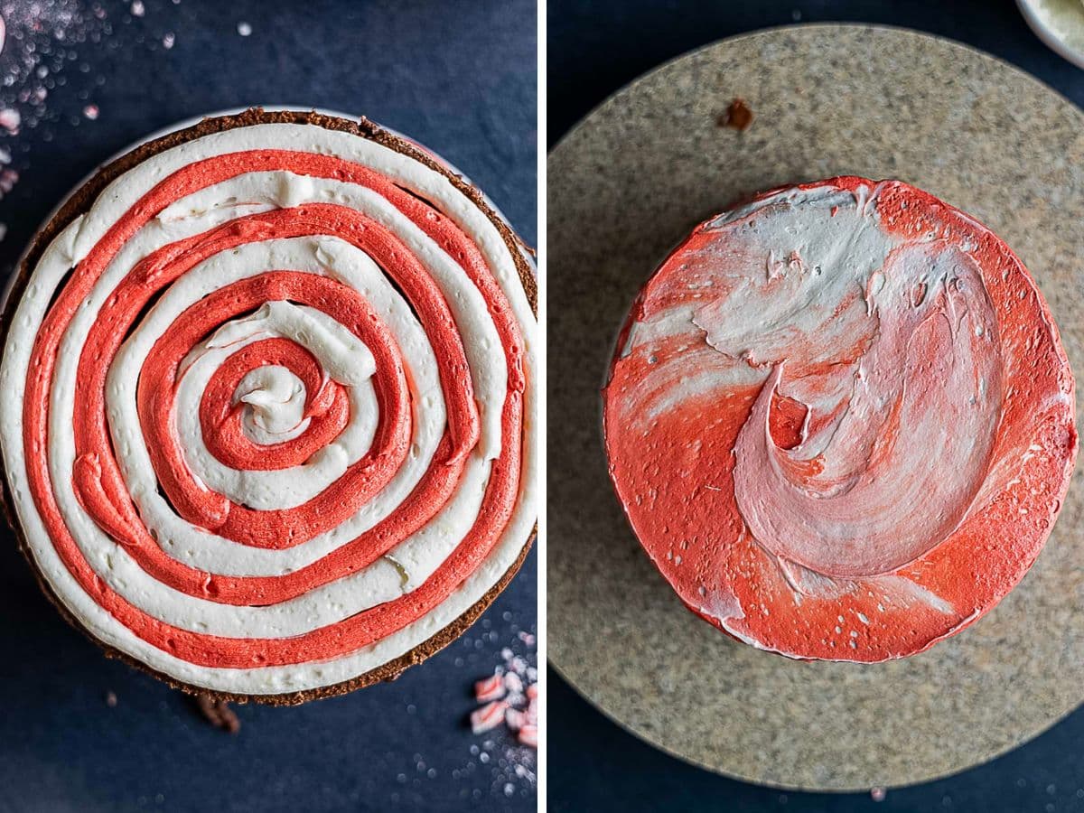 Two views of a round cake topped with red and white frosting; one with concentric rings and one with a marbled swirl pattern.