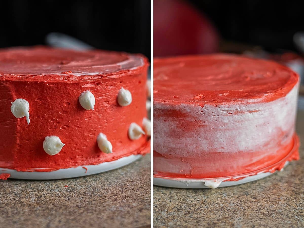 Two round cakes on a counter: the left cake has red frosting with white dots, while the right cake has a smoother red and white blended frosting.