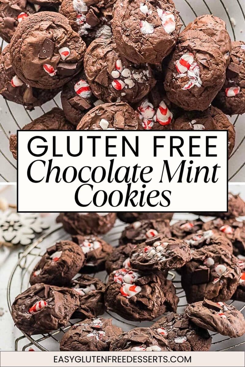 A rack of Gluten Free Chocolate Peppermint Cookies with pieces of peppermint candy, labeled as gluten free. Text reads: "Gluten Free Chocolate Mint Cookies easyglutenfreedesserts.com".