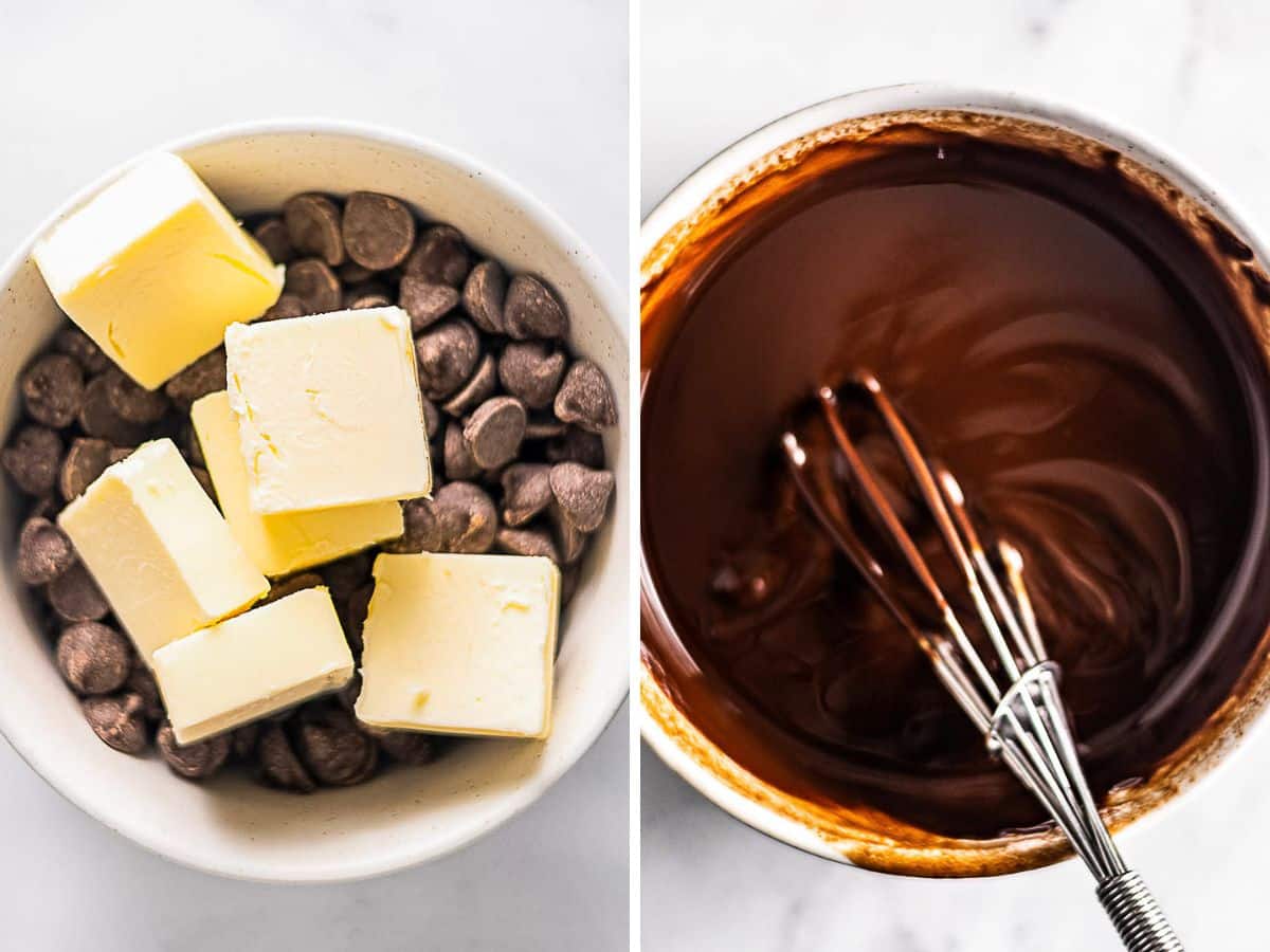 Two-panel image: Left, a bowl containing chocolate chips and butter cubes; right, the same bowl shows melted chocolate being whisked.