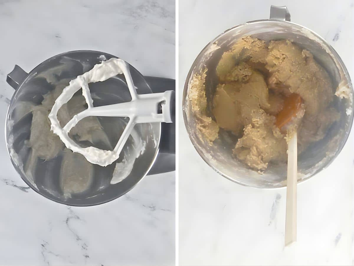 Side-by-side images of a stand mixer bowl: the left shows whipped mixture with a paddle attachment; the right shows thick dough with a spatula.