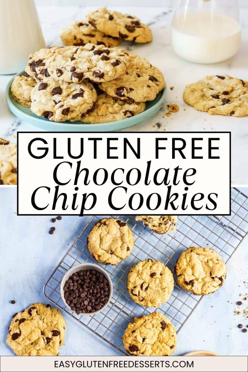 Gluten free dairy free chocolate chip cookies are shown on a plate, a cooling rack, and a table, with a glass of milk and a small bowl of chocolate chips.