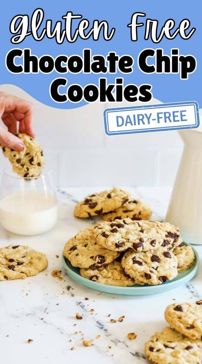 A plate of gluten free dairy free chocolate chip cookies sits on a marble counter, while a hand dips a cookie into a jar of milk.