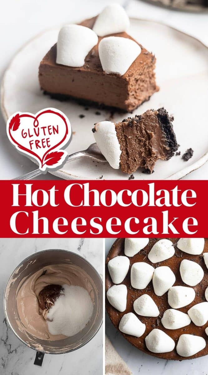 A slice of gluten free chocolate cheesecake topped with marshmallows on a plate, shown alongside process images of mixing and the finished cheesecake; labeled gluten free.