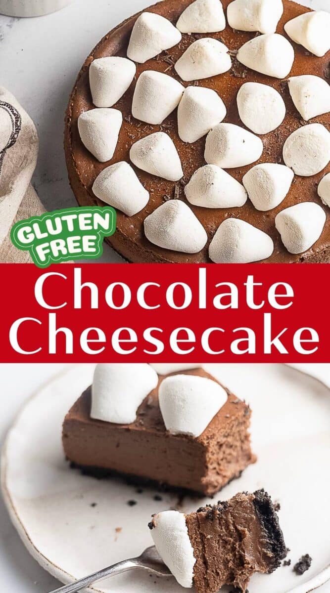 A gluten free chocolate cheesecake topped with marshmallows; one slice is served on a plate with a fork. "Gluten Free" label is visible on the image.