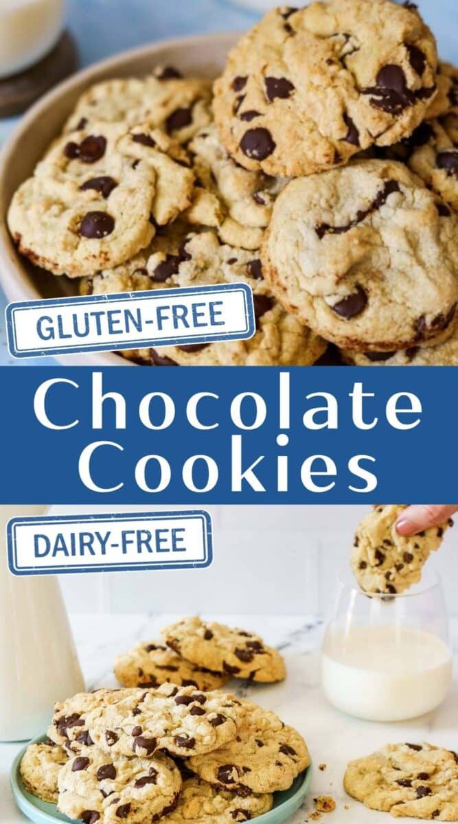 A plate of gluten free dairy free chocolate chip cookies is labeled, with a glass of milk nearby and a hand dipping a cookie in the background.
