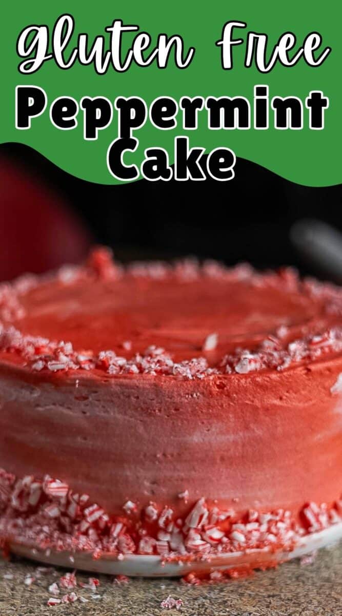 A gluten free peppermint cake, this round dessert features vibrant red frosting and a sprinkle of crushed peppermint on top and around the base.