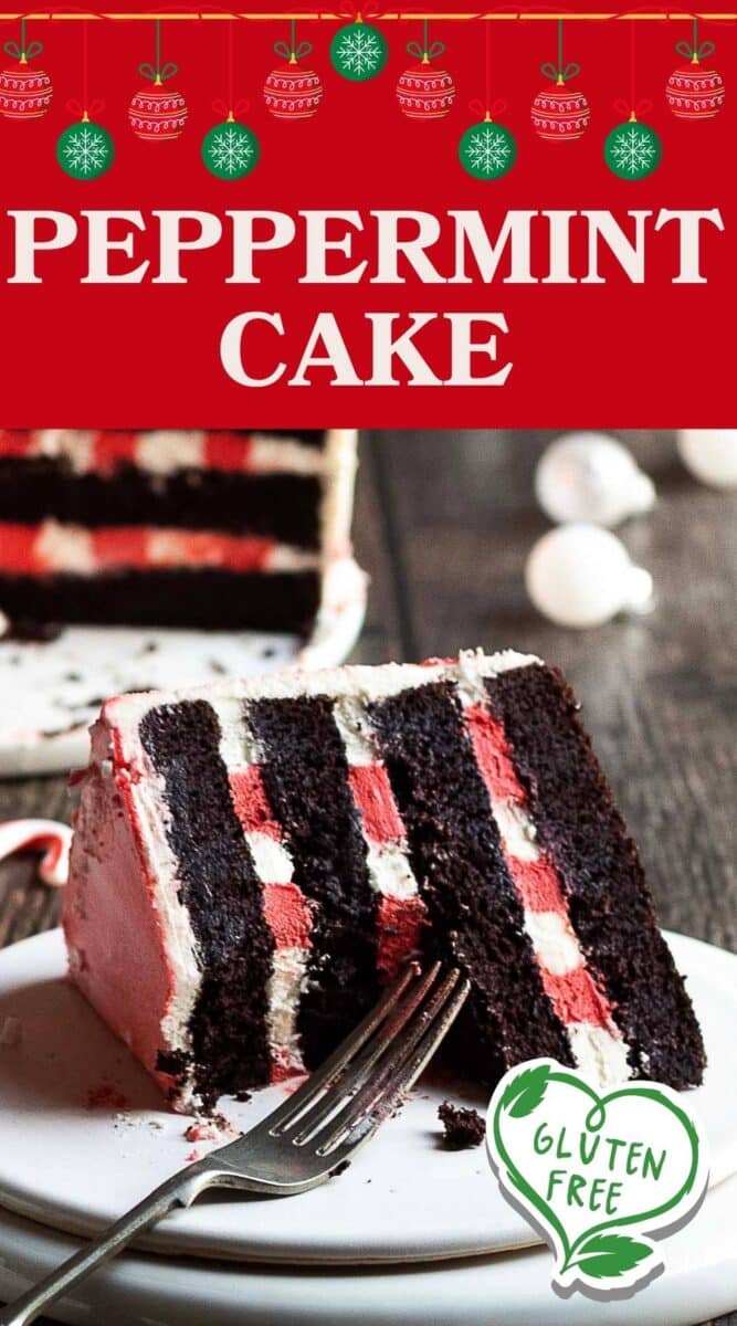 A slice of gluten free peppermint cake with pink and white frosting sits on a plate with a fork, labeled gluten free.