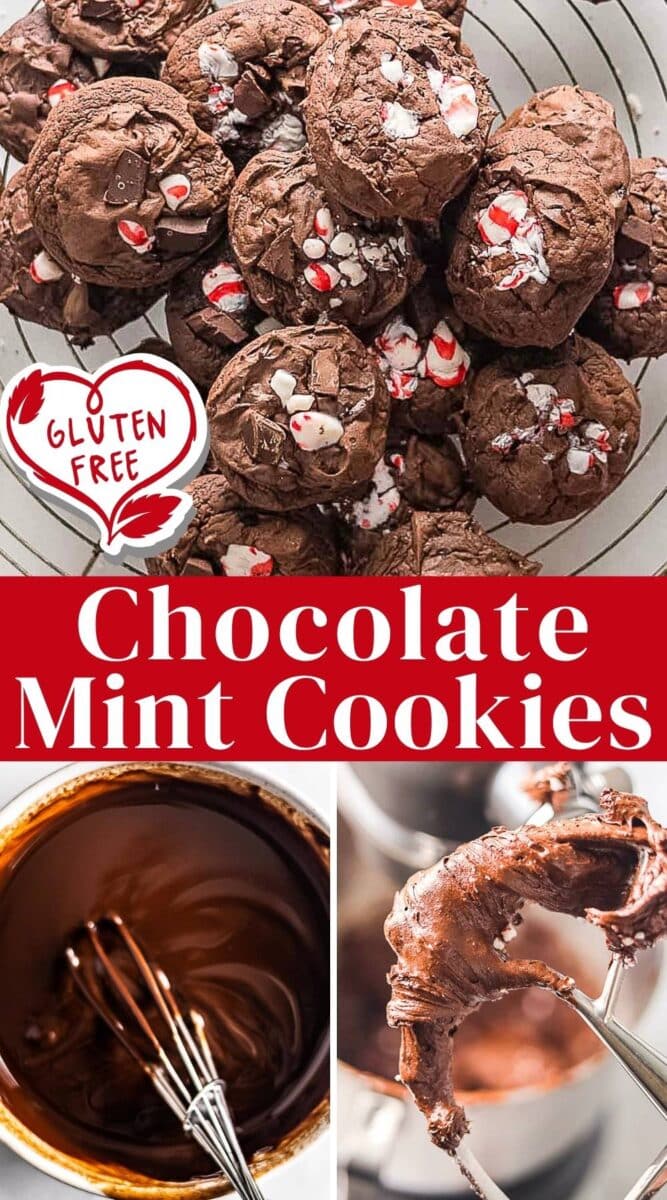 A bowl of Gluten Free Chocolate Peppermint Cookies topped with crushed peppermint, labeled gluten-free. Below are images of melted chocolate being whisked and dough being mixed with a stand mixer.