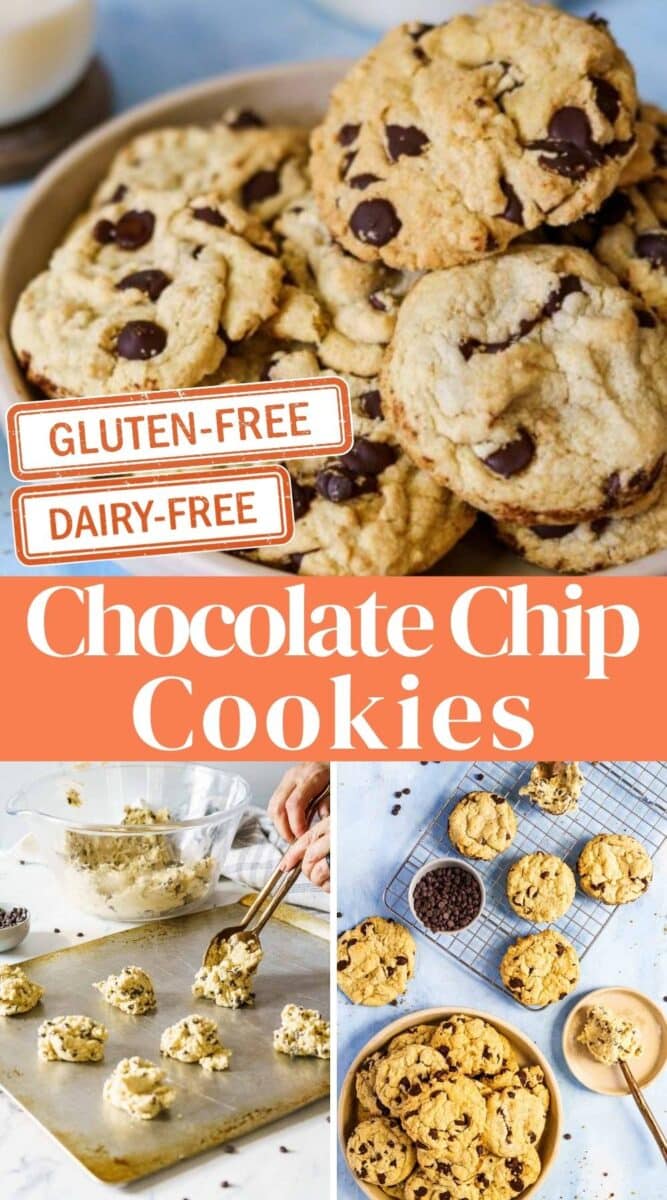 A collage featuring gluten free dairy free chocolate chip cookies, with baked treats on a plate and cookie dough being scooped onto baking sheets.