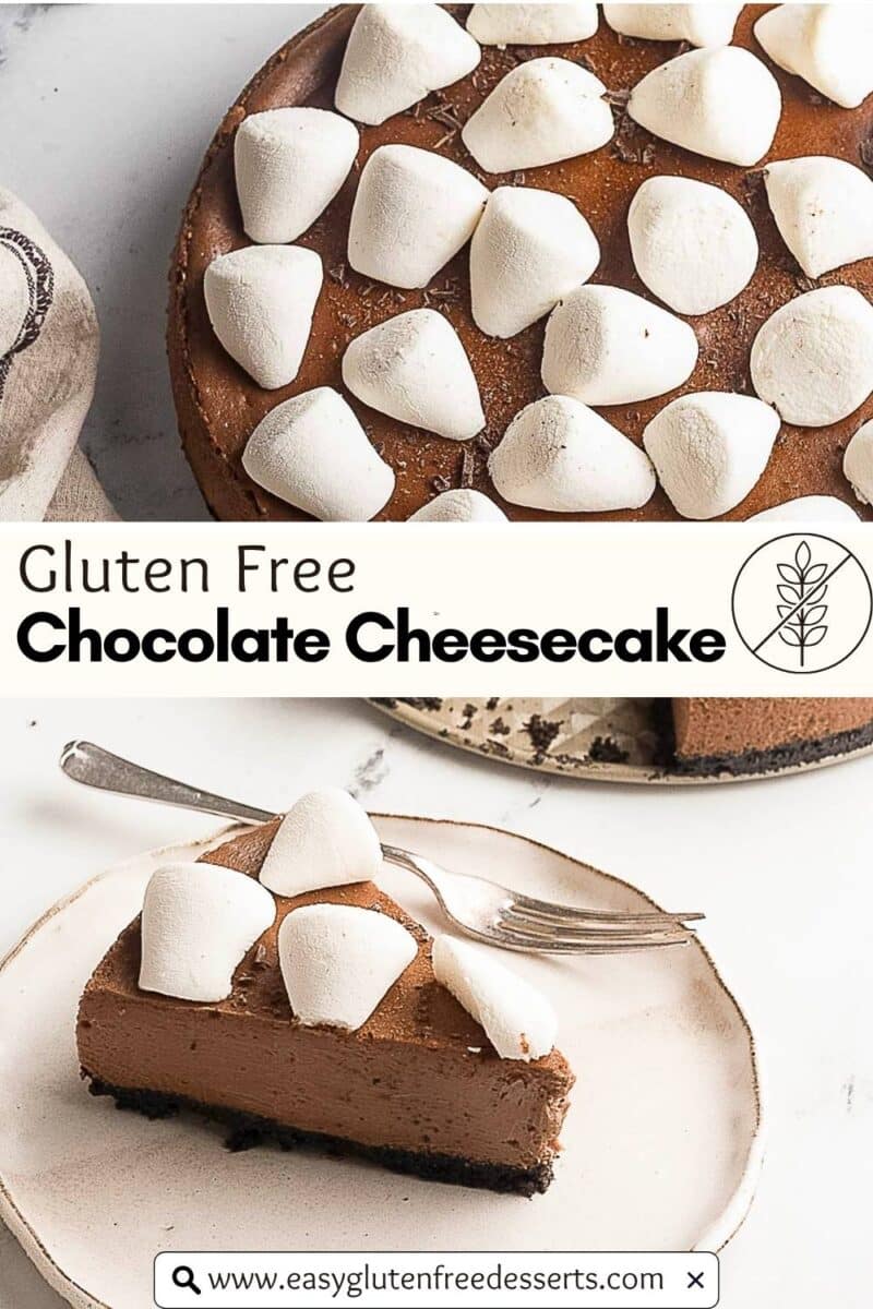 A gluten free chocolate cheesecake with a rich crust, topped with large marshmallows, shown whole and as a single sliced serving on a plate.