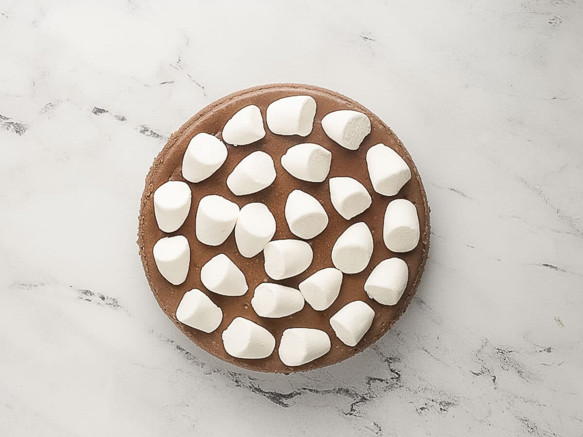 A round chocolate cake topped with evenly spaced white marshmallows, photographed from above on a light marble surface.