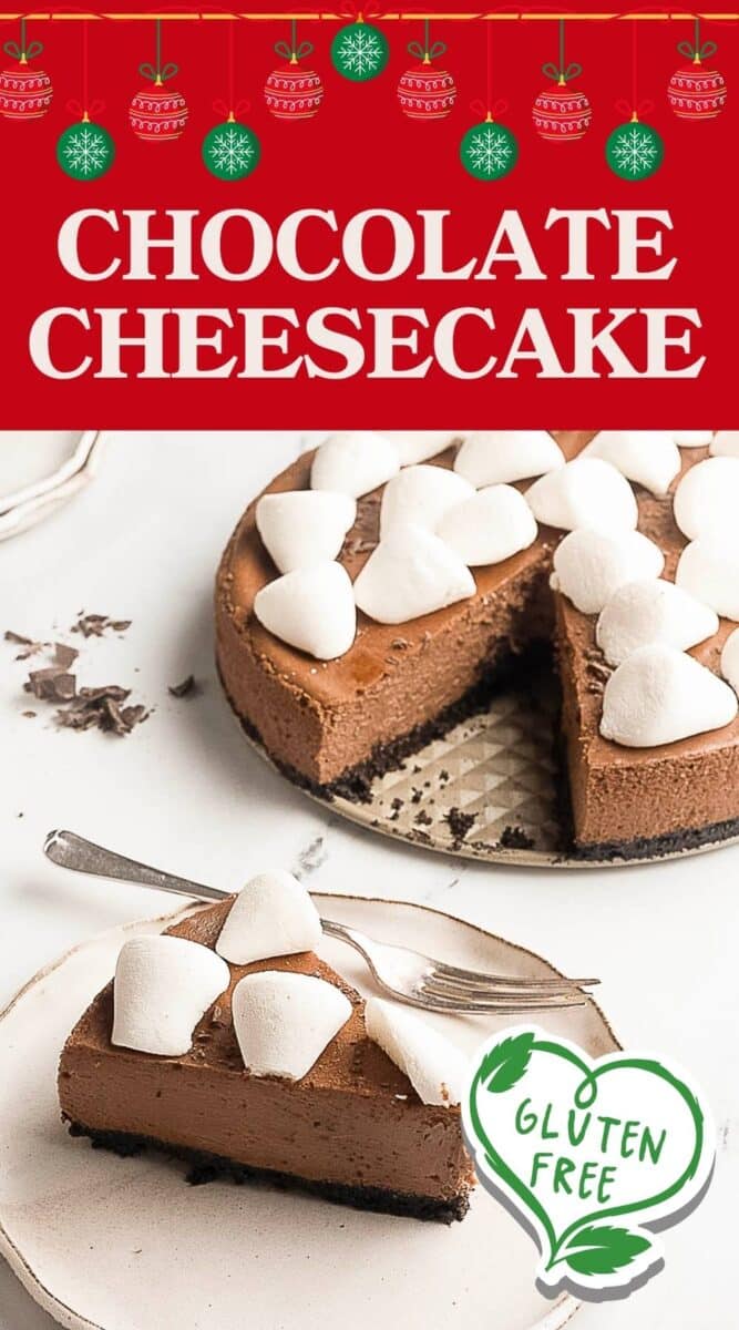 A gluten free chocolate cheesecake topped with large marshmallows, one slice served on a plate—rich, decadent, and perfect for those seeking a delicious gluten free treat.