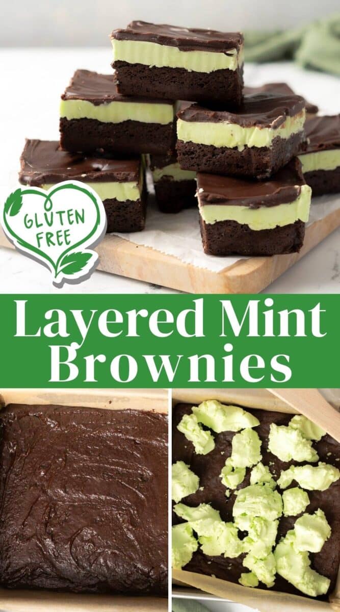 Gluten free mint chocolate brownies with a rich chocolate topping, shown sliced on a board and during preparation as the brownie and mint layers are added.
