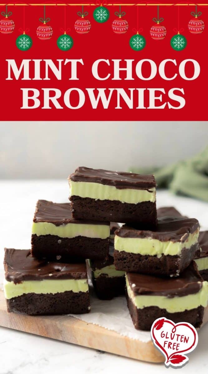 A stack of gluten free mint chocolate brownies with a vibrant green mint layer and rich chocolate topping sits on a marble board; a "Gluten Free" label is at the bottom.