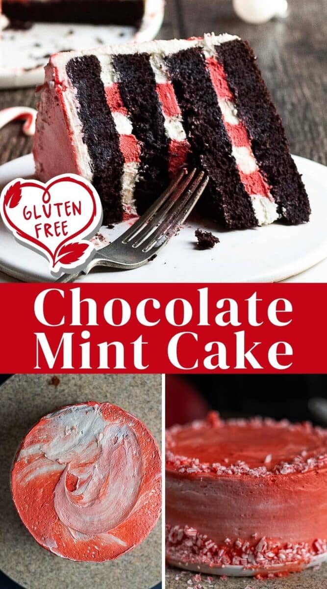 A gluten free peppermint cake featuring chocolate mint layers, red and white swirled frosting, peppermint pieces on the sides, and a slice served on a plate with a fork.