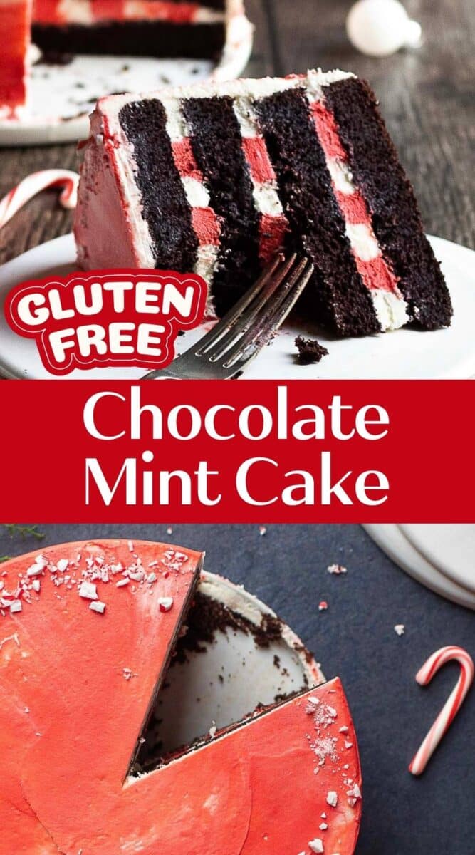 A slice of layered chocolate and mint cake with red icing sits on a plate with a fork; the gluten free peppermint cake is labeled gluten free. A whole cake with a slice missing is below.