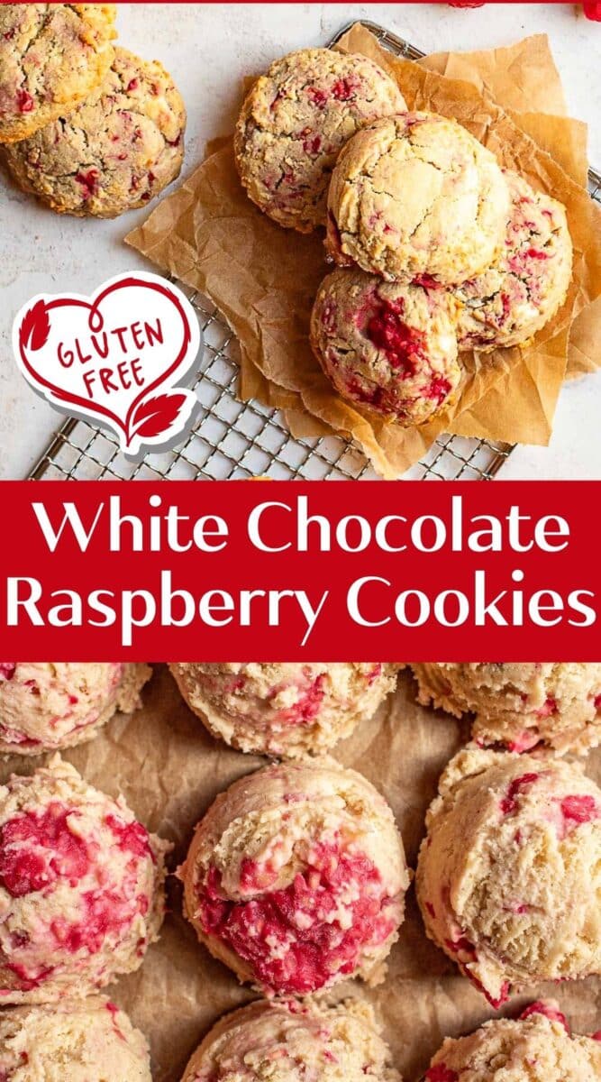 Overhead view of gluten free raspberry cookies with white chocolate on brown parchment paper and a cooling rack, featuring "Gluten Free" and "White Chocolate Raspberry Cookies" text on the image.