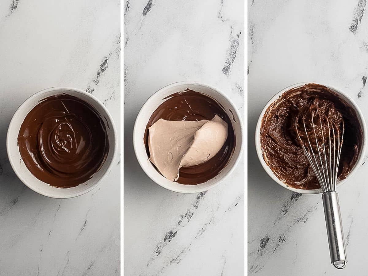 Three bowls on a marble surface show melted chocolate, chocolate with whipped cream added, and the mixture being whisked into a smooth mousse.