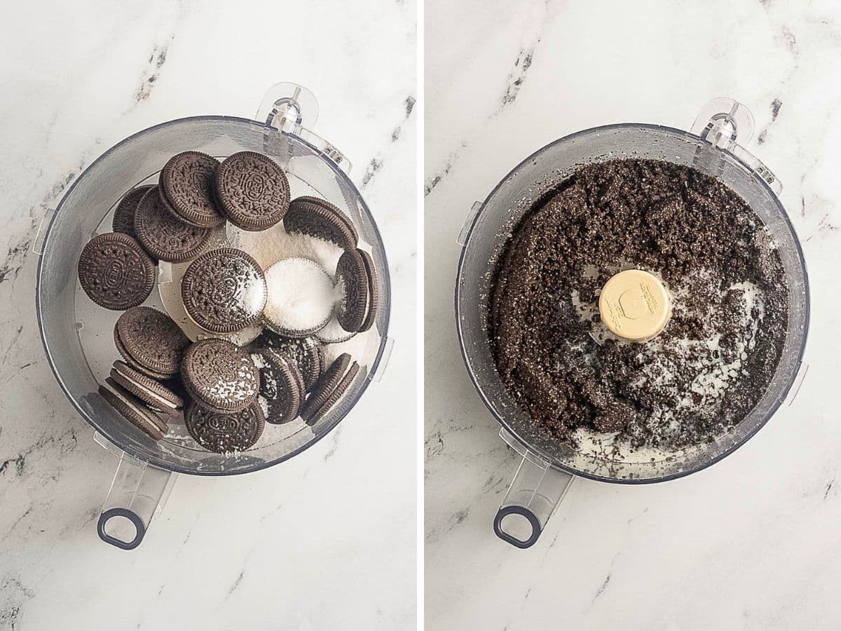 Two side-by-side images show a food processor: the left contains whole chocolate sandwich cookies and sugar; the right shows the cookies ground into crumbs with melted butter.