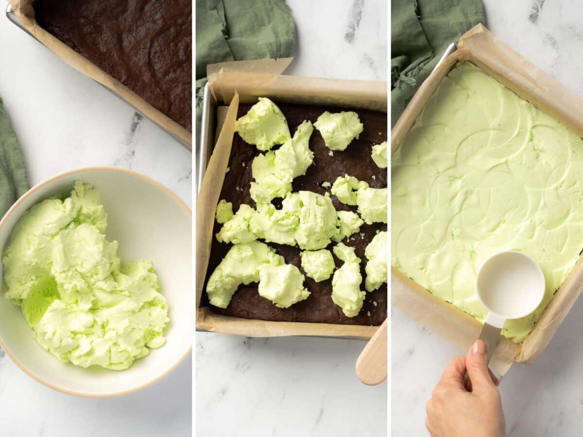 Three images show steps of making a dessert: a baked brownie base, a bowl of green cream, the cream spread over the brownie, and a hand smoothing it with a measuring cup.