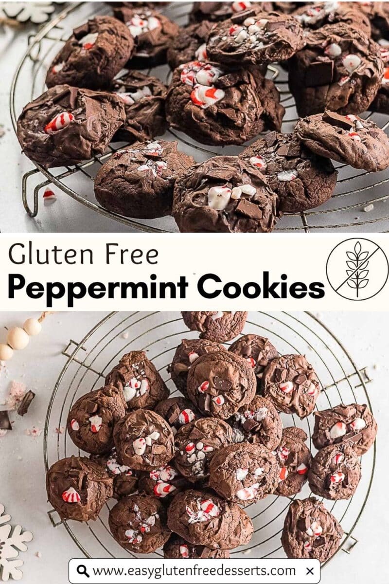Gluten Free Chocolate Peppermint Cookies topped with crushed candy canes cool on wire racks. Text reads "Gluten Free Peppermint Cookies" and "www.easyglutenfreedesserts.com".