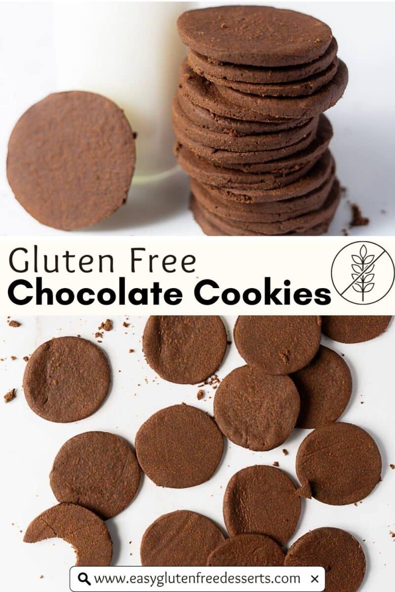 A stack of round, Gluten Free Chocolate Wafer Cookies sits next to a glass of milk, with more cookies scattered on a white surface below.