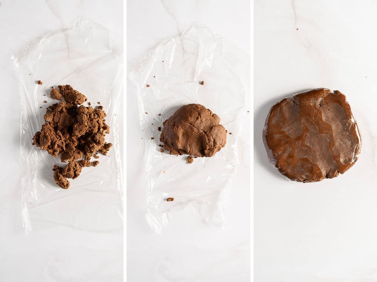 Three-panel image showing chocolate dough: first crumbled, then shaped into a ball, and finally flattened and wrapped in plastic wrap.