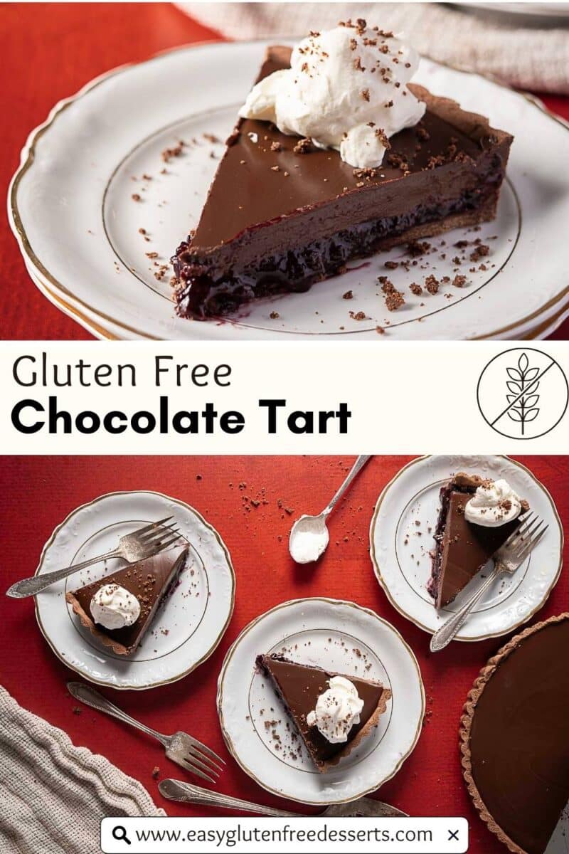 A sliced gluten-free cherry tart topped with whipped cream is served on plates with forks, shown both as a single slice and with multiple slices on a red table.