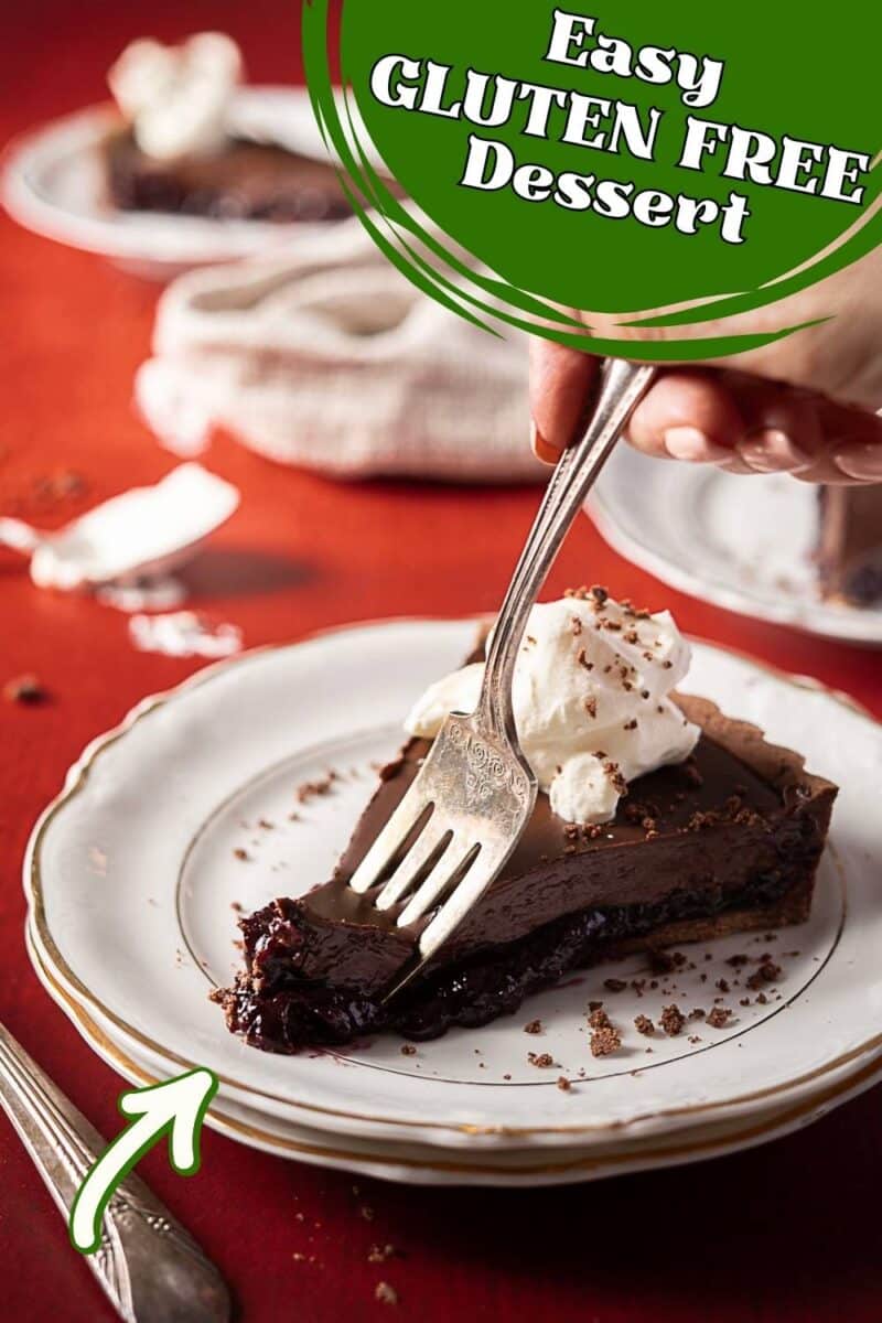 A slice of gluten free cherry tart topped with whipped cream on a plate, with a fork taking a bite. Text overlay reads, "Easy GLUTEN FREE Dessert.