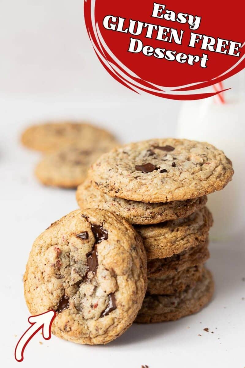 A stack of chocolate chip gluten free strawberry cookies with a red label reading "Easy GLUTEN FREE Dessert" at the top and an arrow pointing to the front cookie.