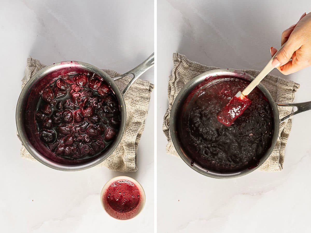 Two side-by-side images show a saucepan with cooked cherries; on the right, a hand uses a spatula to stir the thickened mixture. A small bowl of foam sits nearby.
