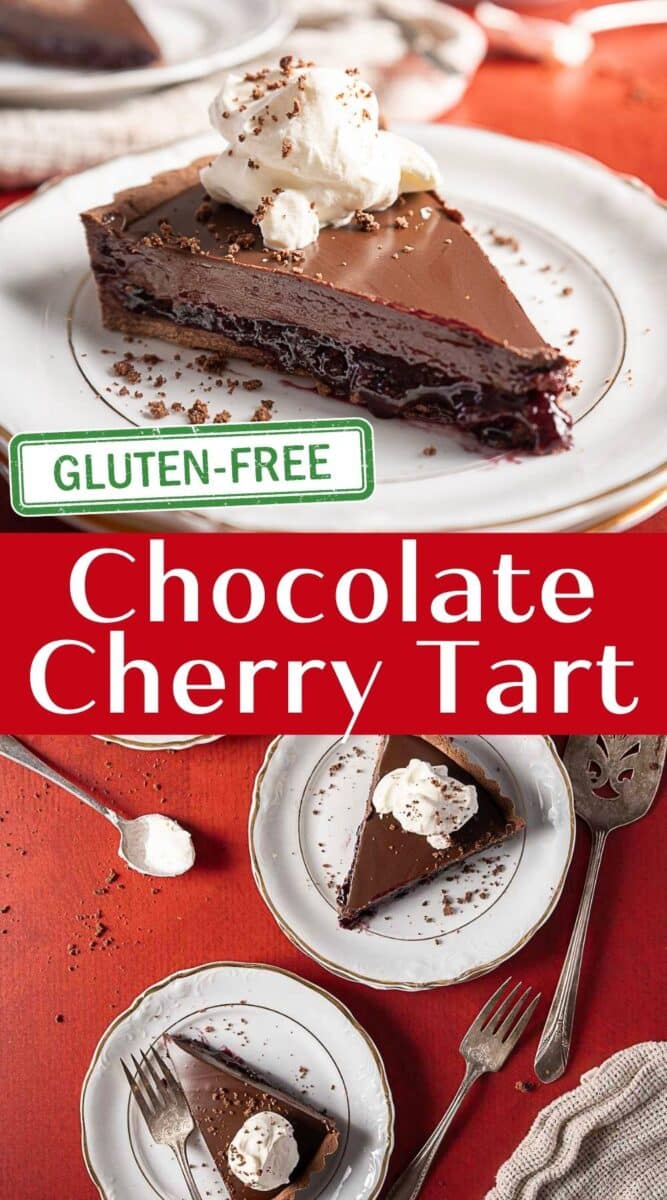 A slice of gluten free cherry tart topped with whipped cream sits on a white plate, labeled gluten-free, with two more tart slices on plates in the background.
