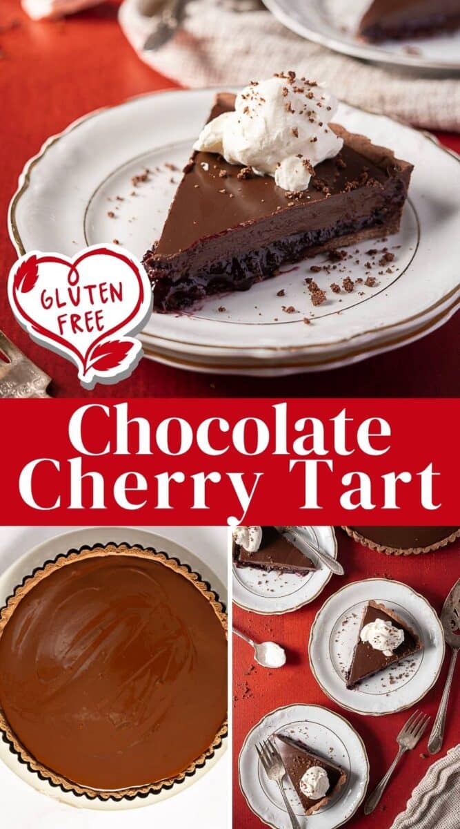 A gluten free cherry tart topped with whipped cream sits on a white plate, shown whole and sliced, against a red tablecloth with utensils.