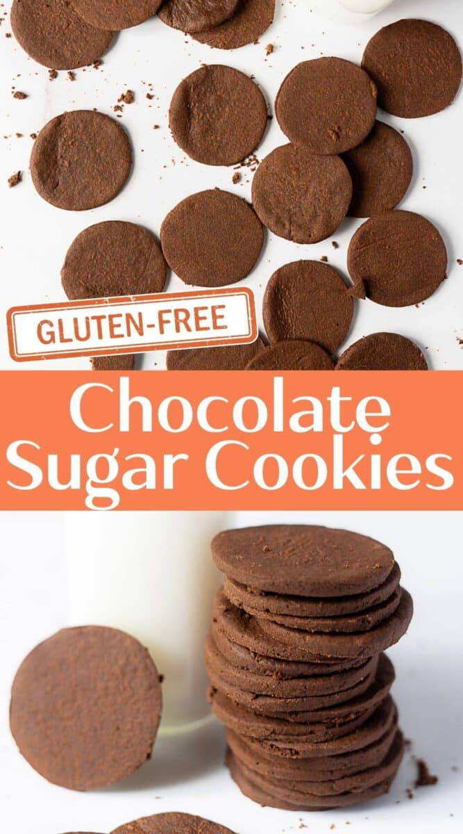 A pile and scattered pieces of round, thin Gluten Free Chocolate Wafer Cookies sit next to a "gluten-free" label and the text "Chocolate Sugar Cookies.