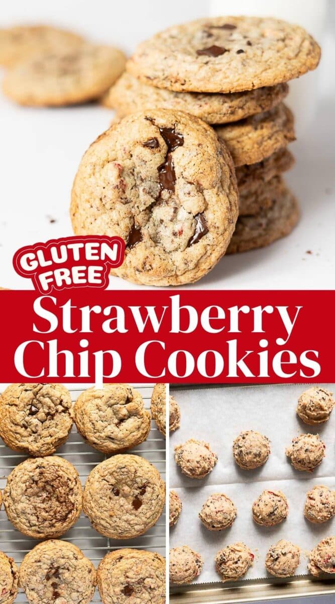 A stack of gluten free strawberry cookies, shown whole and in various baking stages on baking sheets and parchment paper.