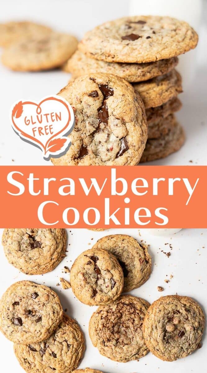 A stack of chocolate chip cookies with several cookies scattered on a white surface.