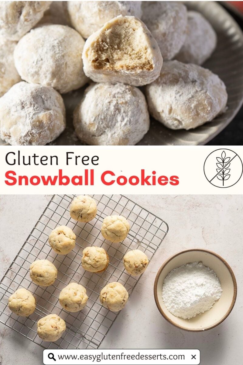 Powdered sugar-coated gluten-free snowball cookies on a plate and on a cooling rack, with a bowl of powdered sugar beside them. Text reads: "Gluten Free Snowball Cookies.