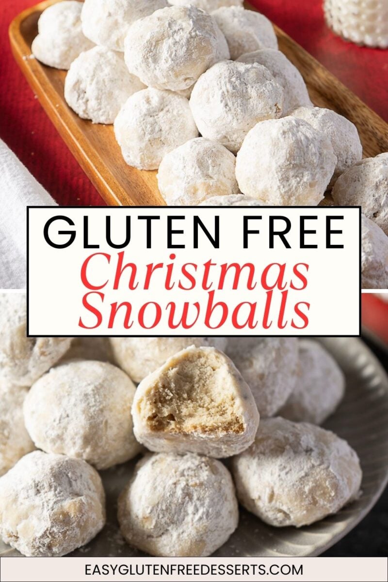 A plate and a wooden tray of powdered sugar-coated gluten-free Christmas snowball cookies, with one cookie showing a bite taken out.