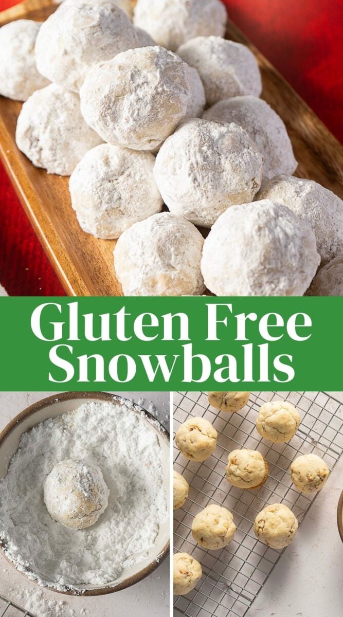 A wooden tray of powdered sugar-coated snowball cookies, a cookie being rolled in powdered sugar, and baked cookies cooling on a wire rack. Text: "Gluten Free Snowballs.
