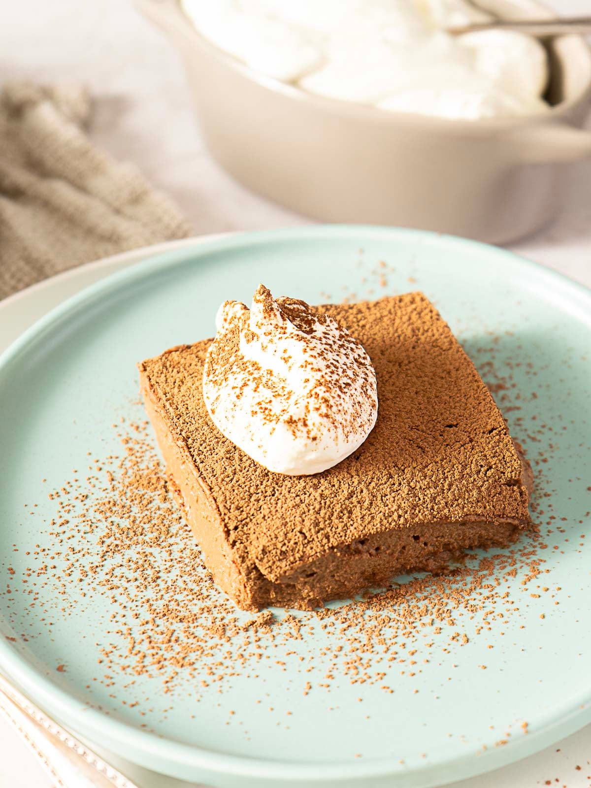 A square piece of 3 Ingredient Chocolate Cake topped with a dollop of whipped cream and dusted with cocoa powder, served on a light blue plate.