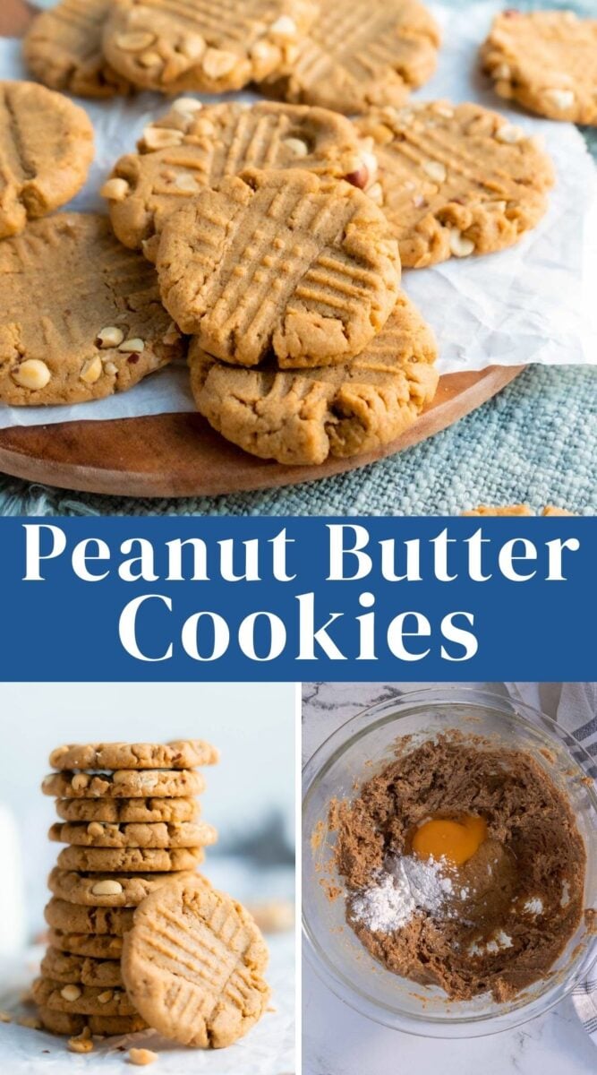 A collage showing peanut butter cookies on a tray, a stack of cookies, and a mixing bowl with dough, flour, and an egg. Text reads “Peanut Butter Cookies.”.