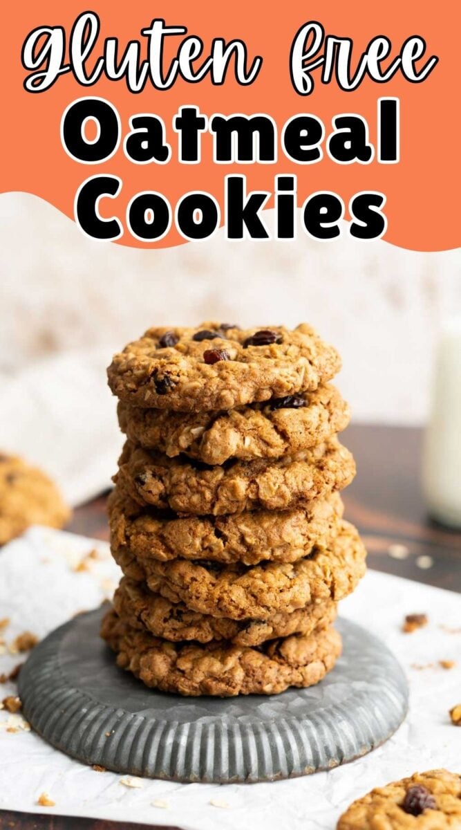 A stack of six oatmeal cookies sits on a gray plate, with text above reading "gluten free Oatmeal Cookies.