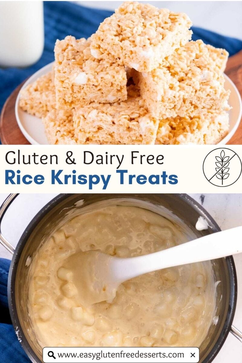 A plate of gluten free Rice Krispy treats stacked on top of each other, beside a saucepan with melted marshmallows being stirred, all labeled gluten and dairy free.