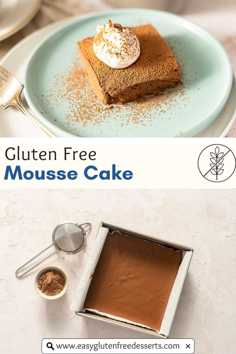 A square slice of 3 ingredient chocolate cake with whipped cream on a blue plate, and a pan of no bake chocolate cake dusted with cocoa powder and a sifter beside it. Text: "Gluten Free Mousse Cake.