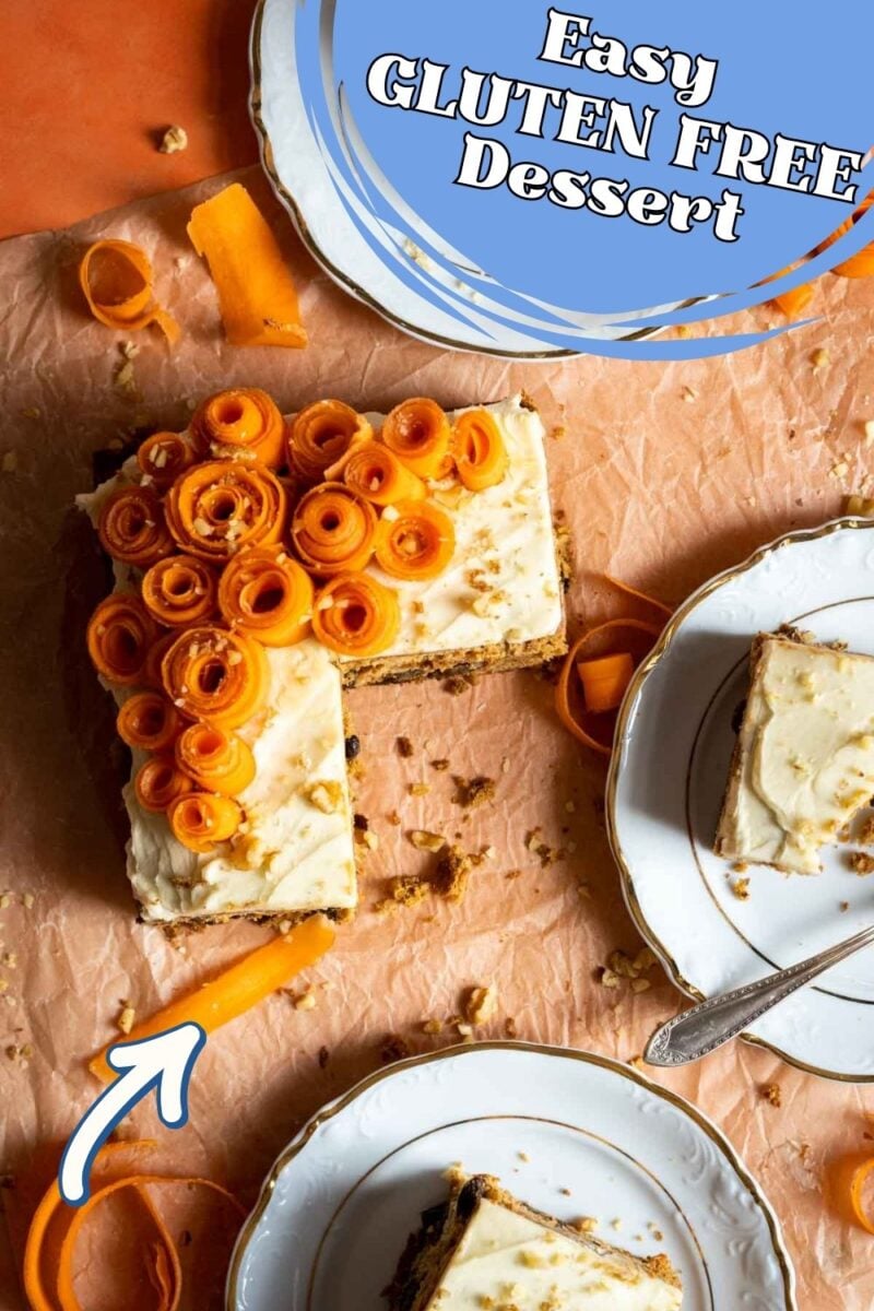 Square carrot cake with cream cheese frosting and carrot ribbons on top, served on plates with forks; text overlay reads "Easy Gluten Free Dessert.