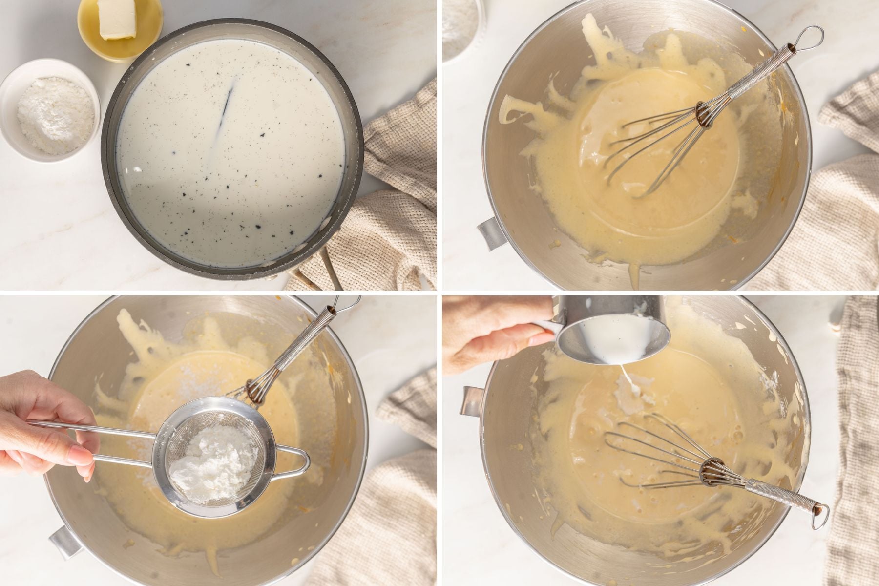Four-step process of mixing ingredients in a metal bowl: heated milk, whisked batter, sifting flour, and pouring milk into batter.