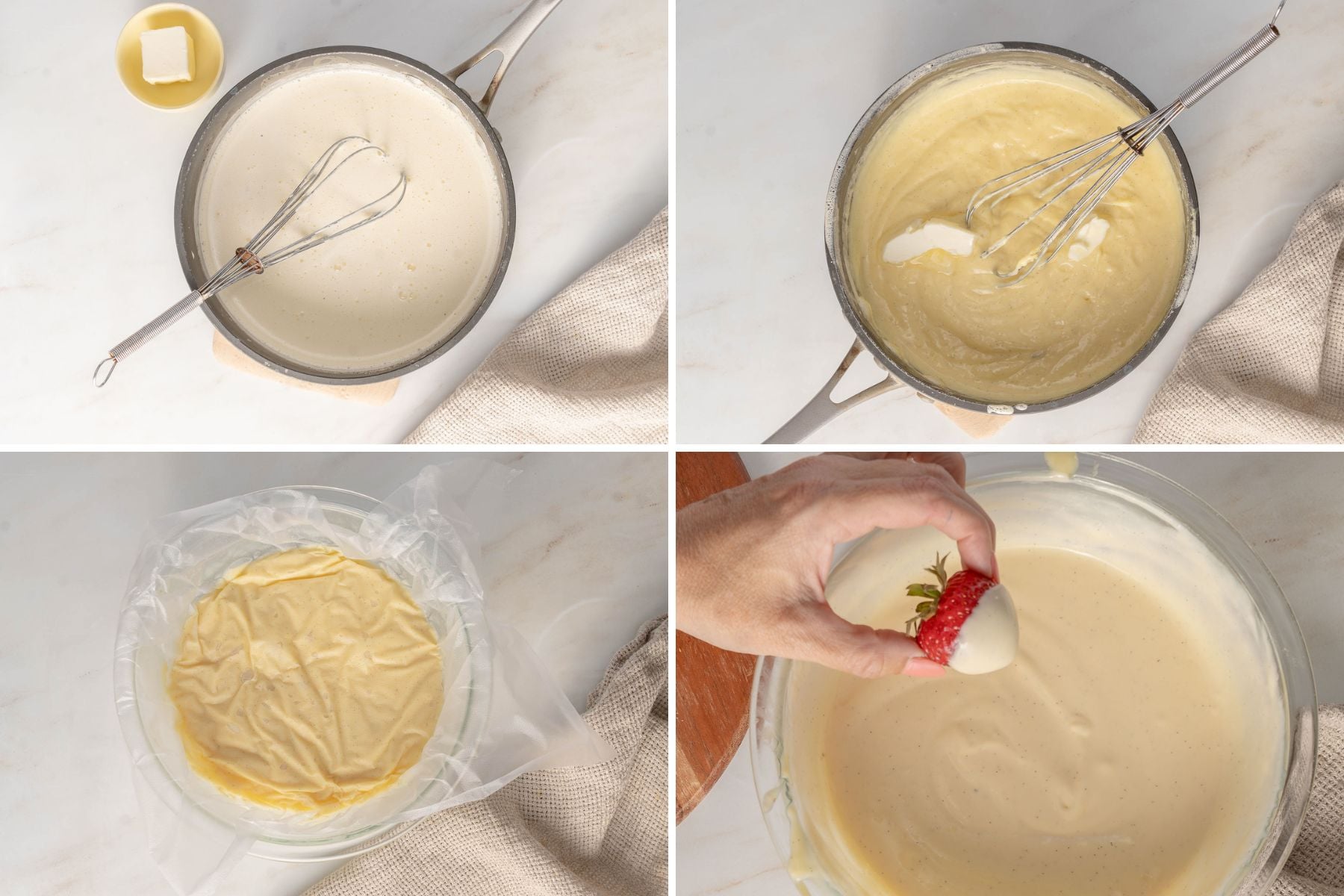 Four images show steps for making pastry cream: whisking in a pot, thickened cream, chilling with plastic wrap, and dipping a strawberry into the finished cream.